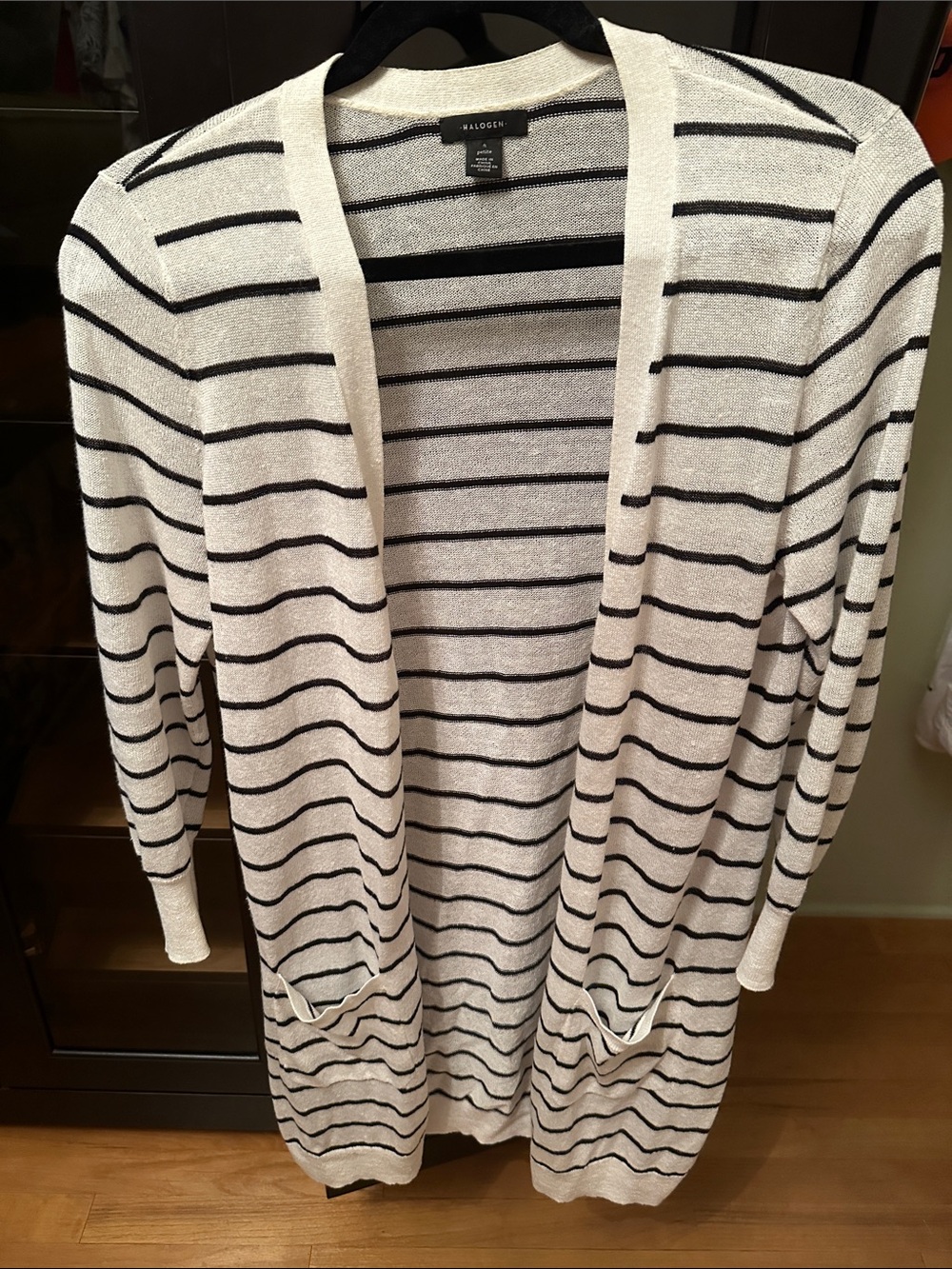 Halogen Cream and Black Striped Linen blend Open Cardigan with Pockets